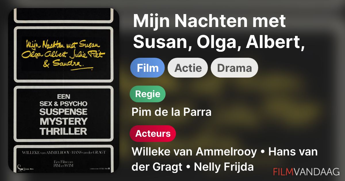Mijn Nachten met Susan, Olga, Albert, Julie, Piet & Sandra (film, 1975) FilmVandaag.nl Mijn Nachten met Susan, Olga, Albert, Julie, Piet & Sandra (film, 1975) FilmVandaag.nl